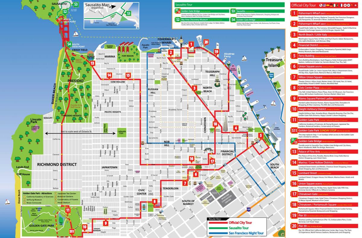 Plan du Hop On Hop Off bus tours de San Francisco